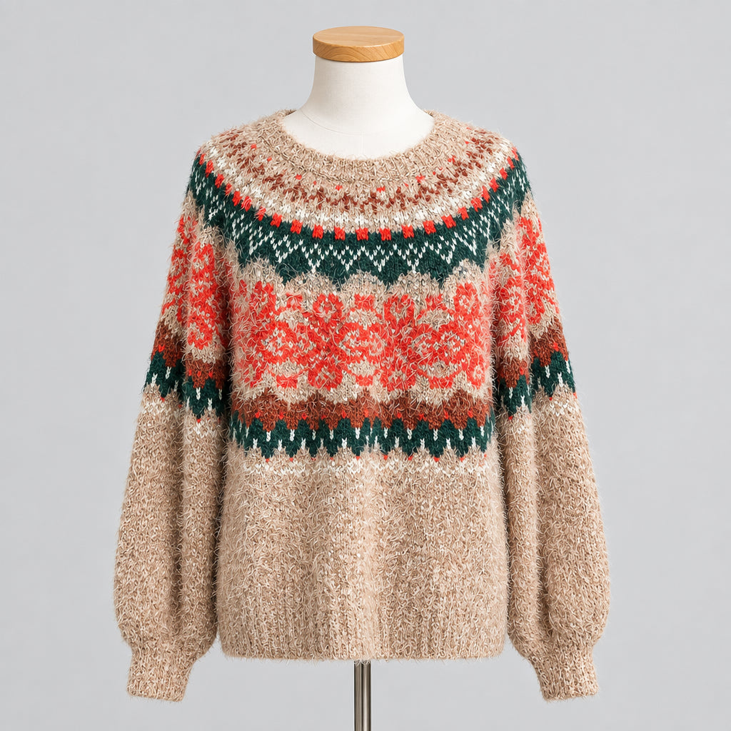 Free people tan, red, and green fair isle sweater, size S