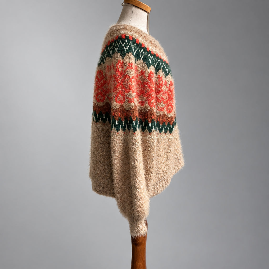 Free people tan, red, and green fair isle sweater, size S