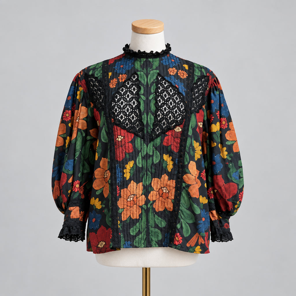 Farm Rio black floral blouse, size L