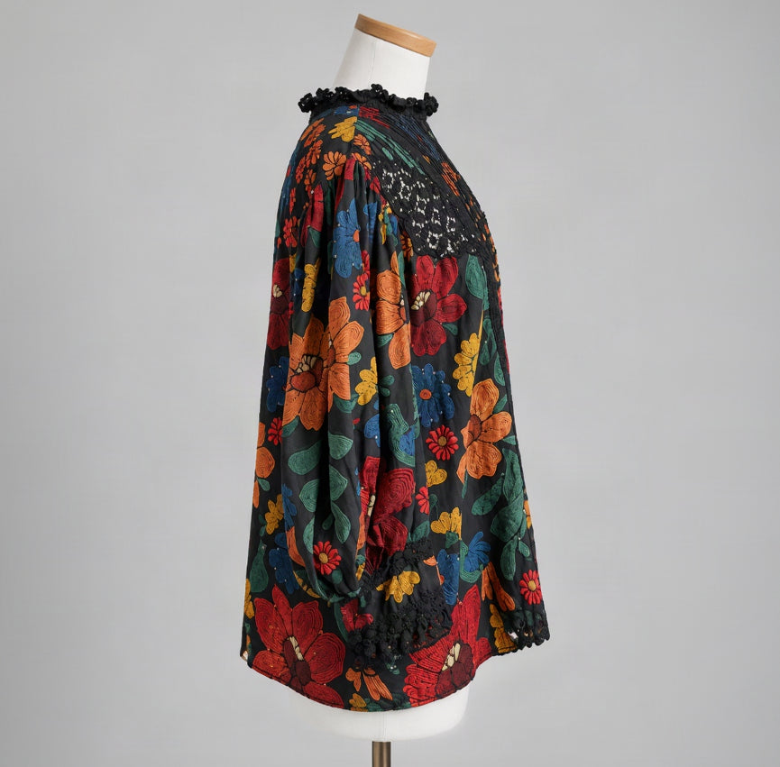 Farm Rio black floral blouse, size L