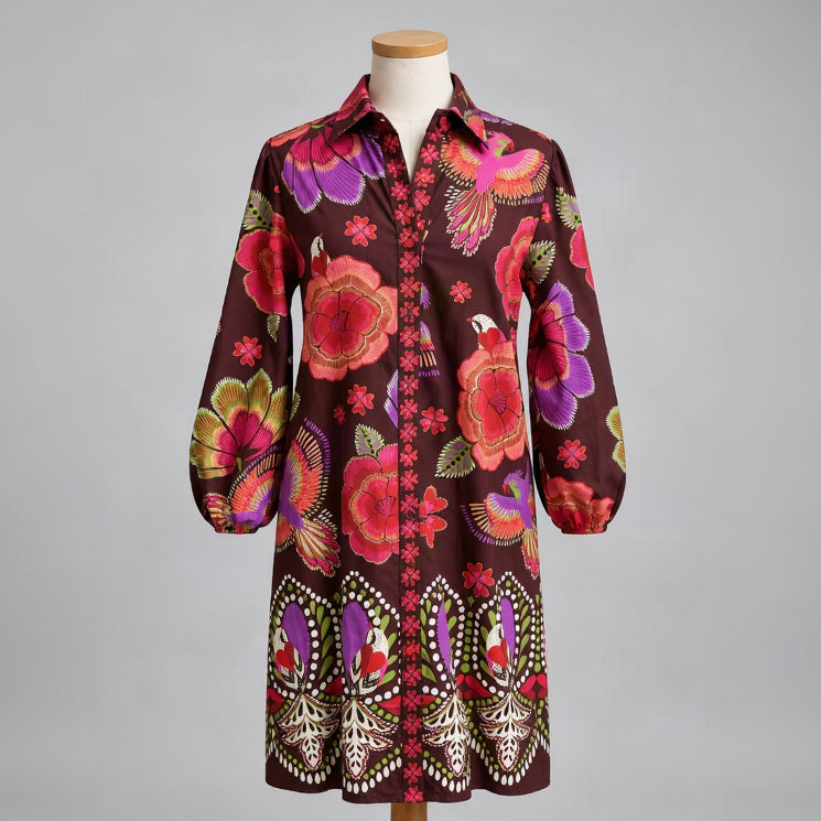 Maude Vivanti burgundy multi floral & birds dress, size M