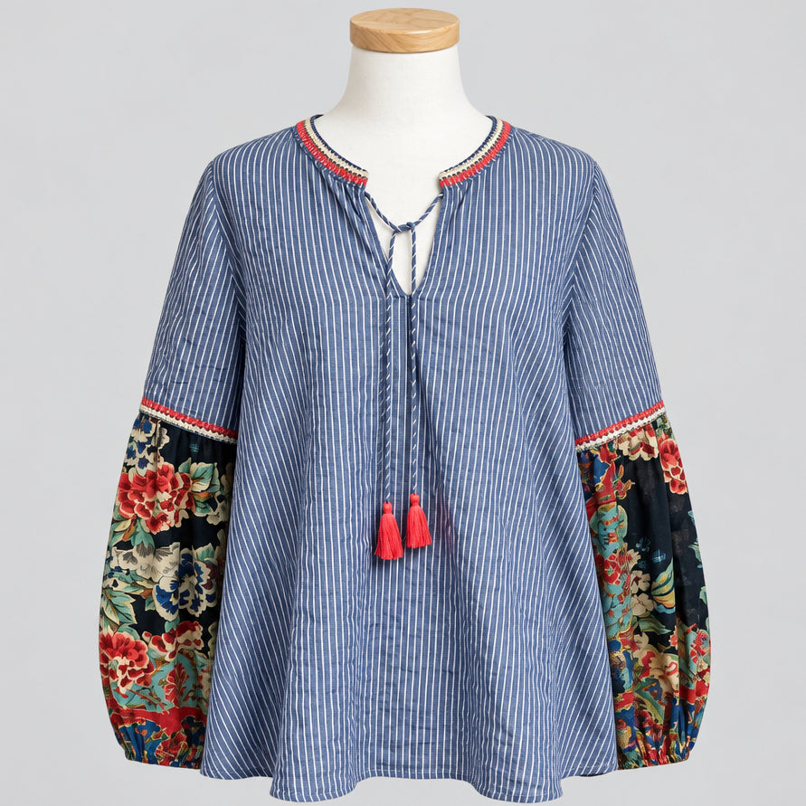 Johnny Was blue striped blouse, size S