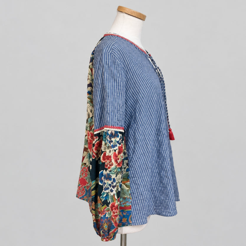Johnny Was blue striped blouse, size S