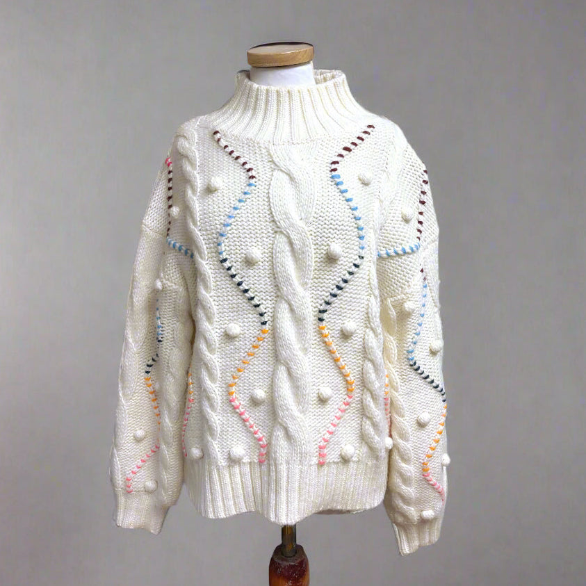 Marie Oliver cream multi color Hope Whipstitch sweater, size S