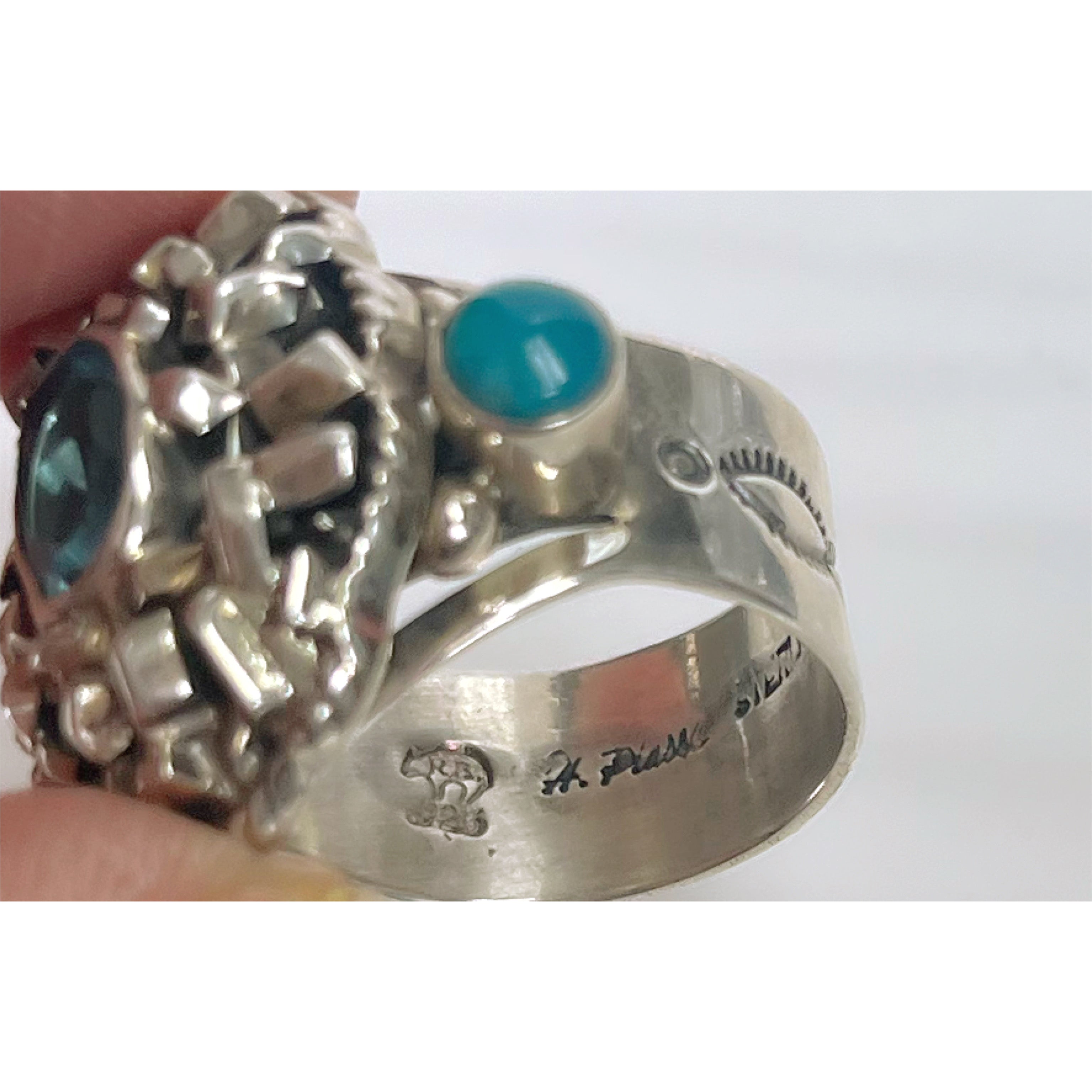 Happy Piasso sterling, aquamarine, and turquoise Navajo ring