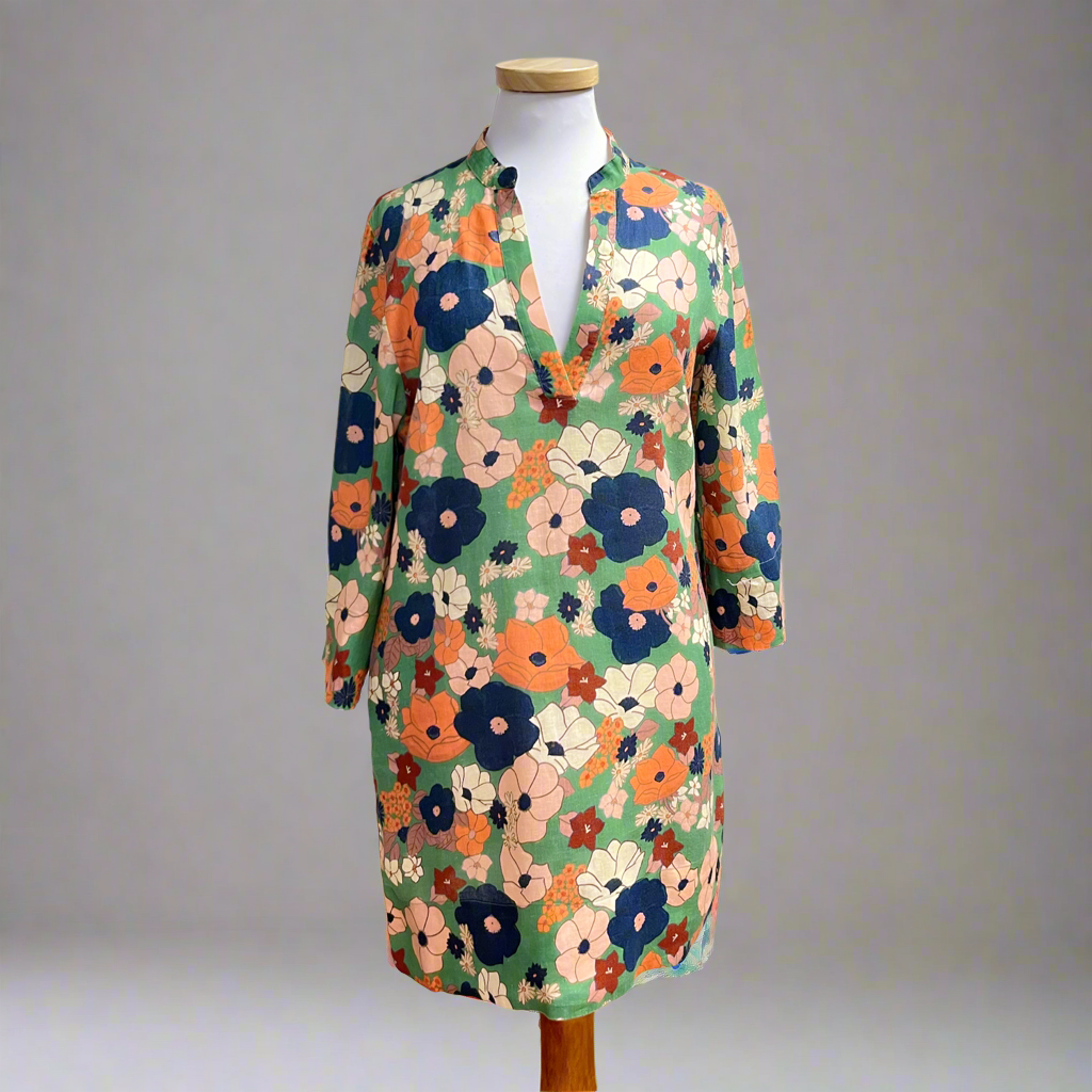 Trovata green floral linen Lucca dress, size XS