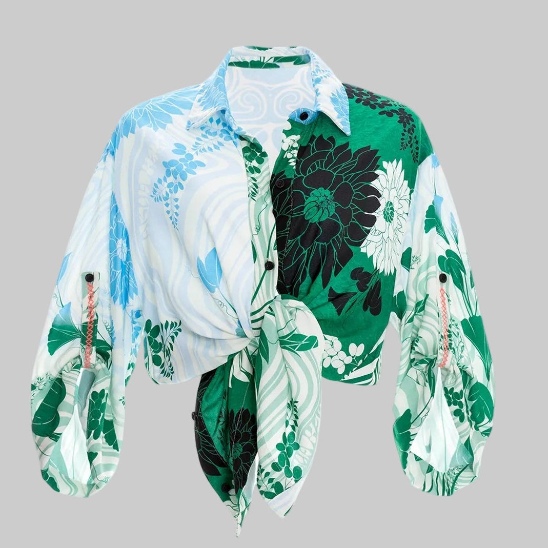 Agua Bendita green, blue, and black Kaaw Chrissy blouse, size M