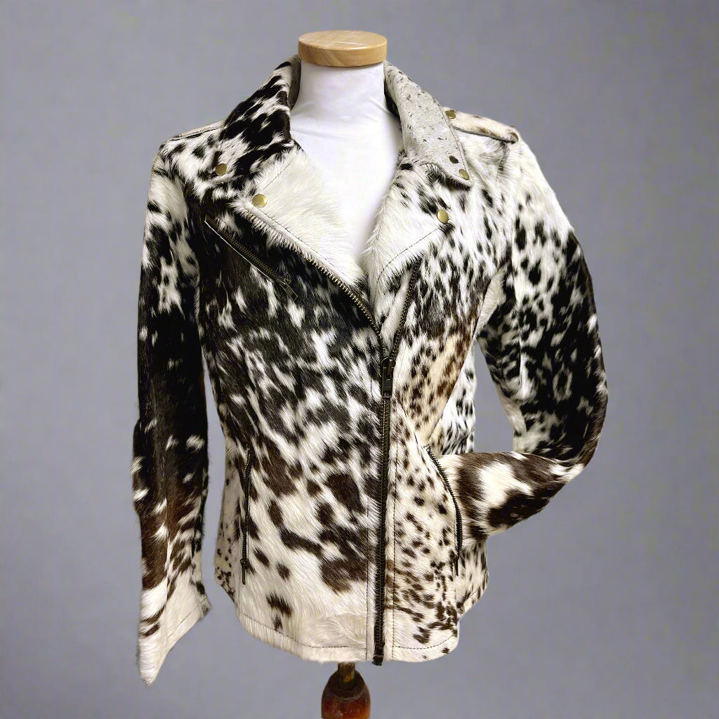 Charlie Leather brown and white Madison Moto Fur jacket, size XL