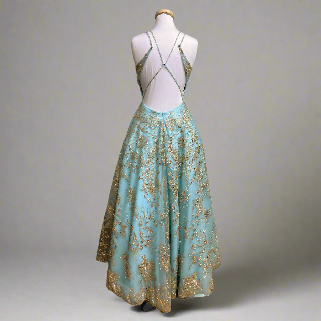 Colette aqua and gold ballgown, size 2