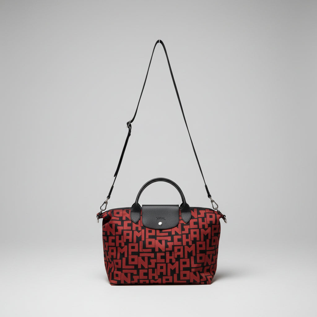 Longchamp black and red logo Le Pliage bag