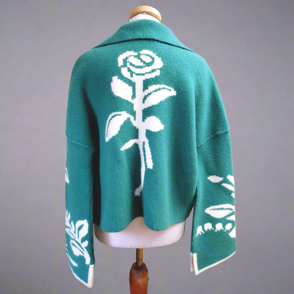 Anthropologie jade and cream floral sweater, size S