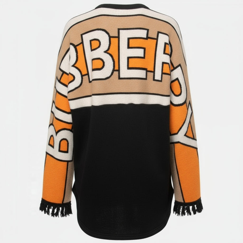 Burberry black and orange logo fringe sweater, size M