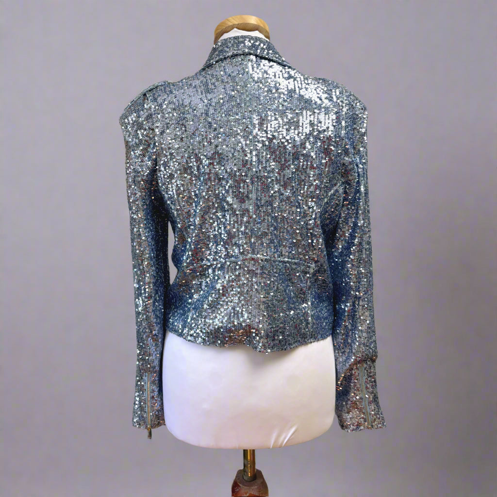 Generation Love light blue sequin Robin Moto jacket, size M, NEW WITH TAGS!