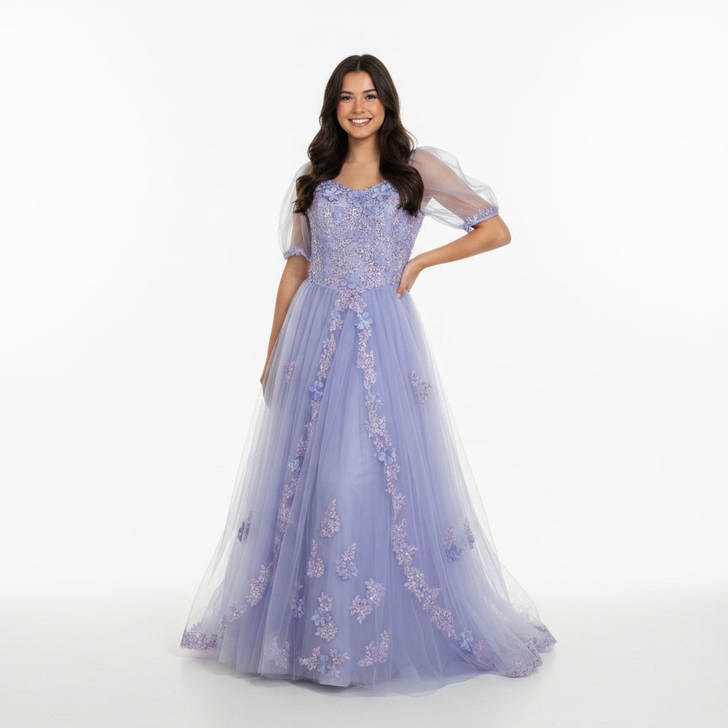 Lavender tulle dress with floral appliqué, size L