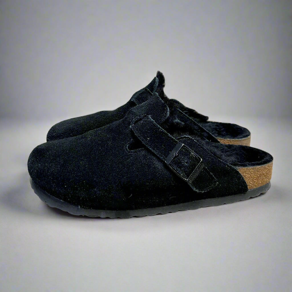 Birkenstock black suede Boston clogs, size 38/US 7