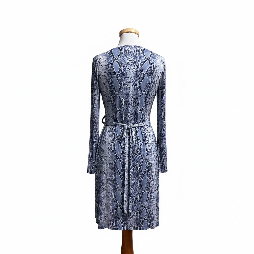 Diane von Furstenberg light blue python print wrap dress, size 4