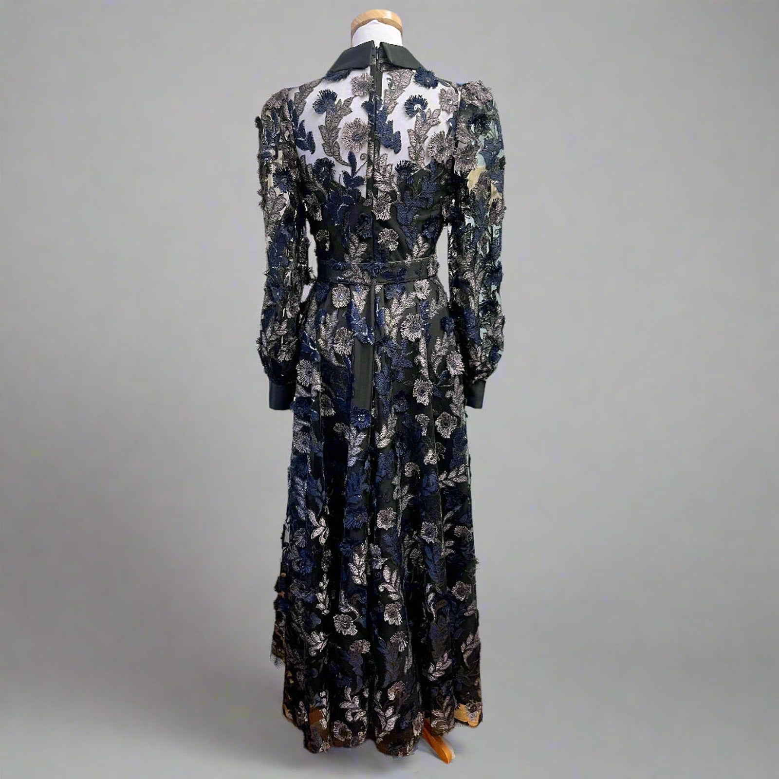 Badgley Mischka black, navy, and plum floral sequin dress, size 6