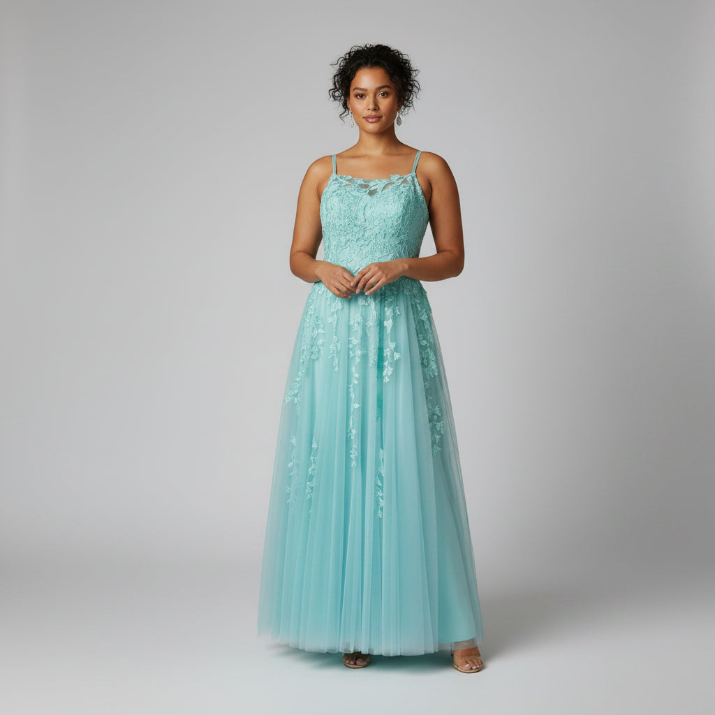 Vnaix aqua tulle dress with appliqué, size L