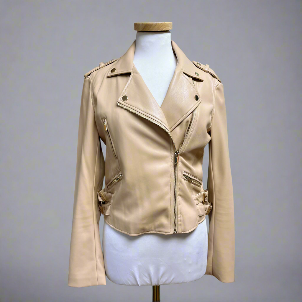 Generation Love tan vegan leather moto jacket, size S