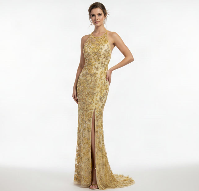 Sherri Hill yellow jeweled high neck dress, Size 2