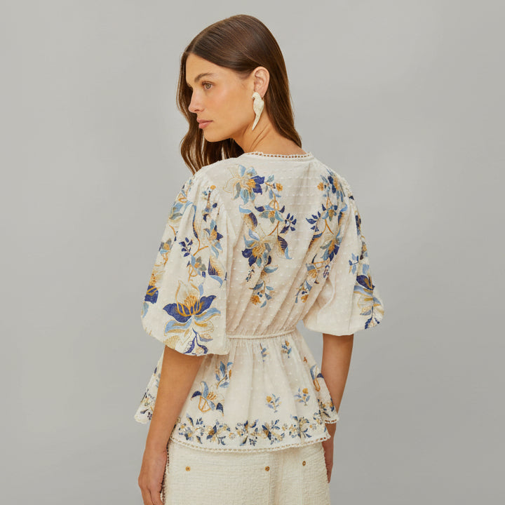 FARM Rio Mystic Blue floral Swiss dot blouse, size L