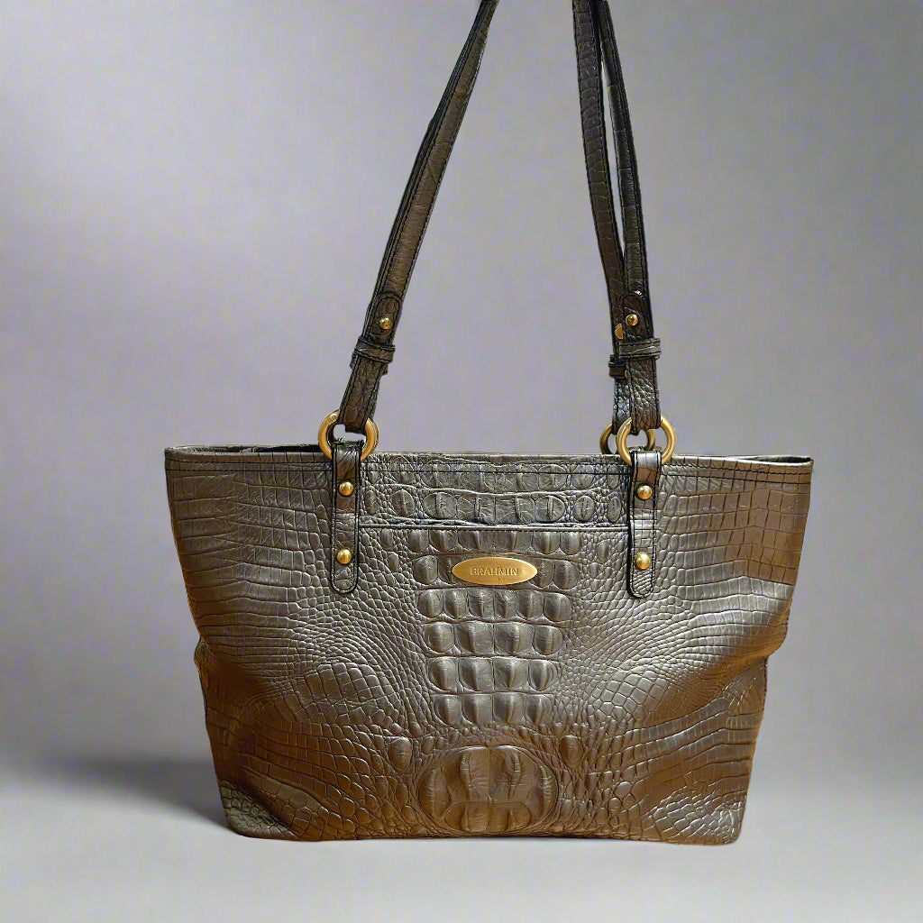 Brahmin pewter "croc" leather tote