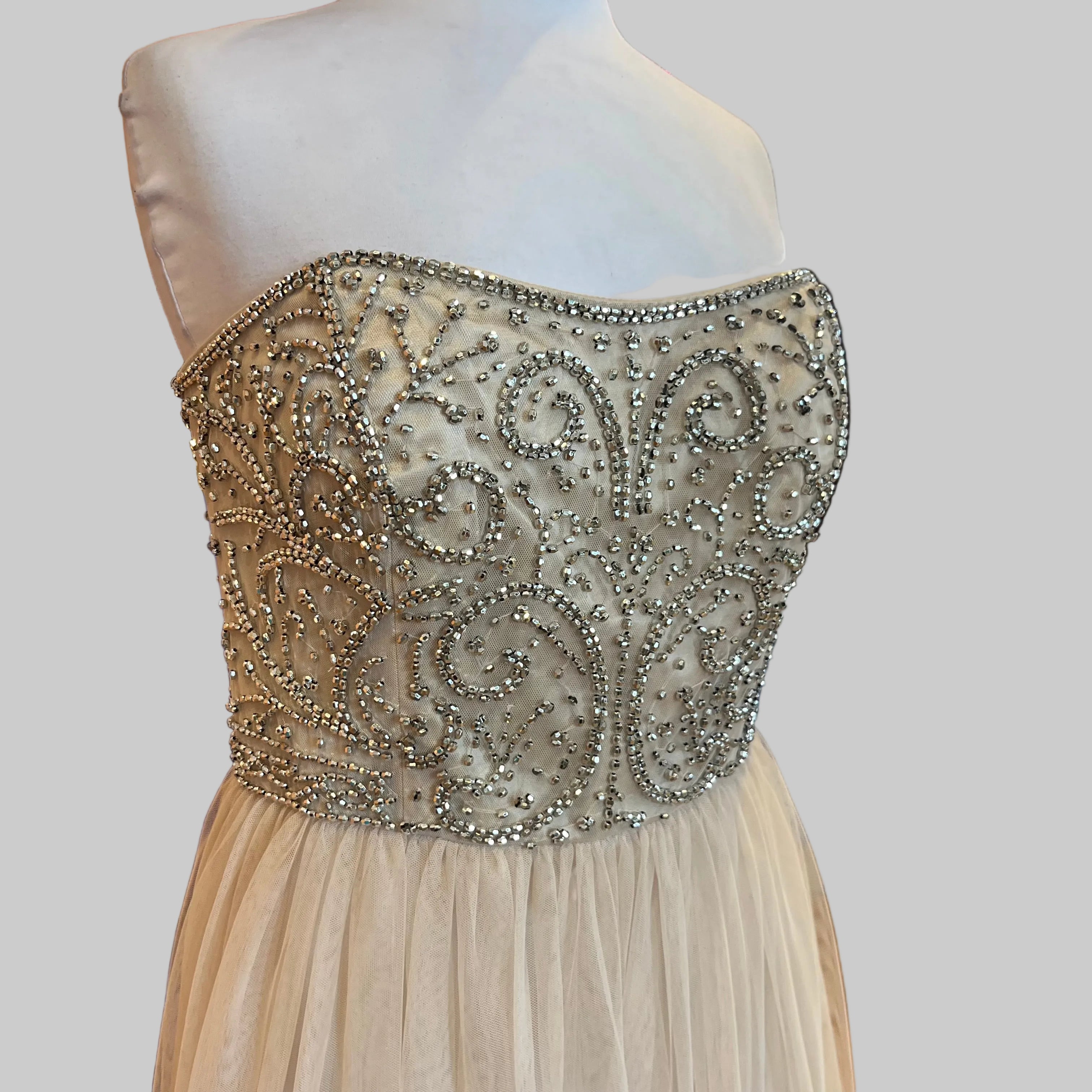 Xscape champagne dress with beading, size 14