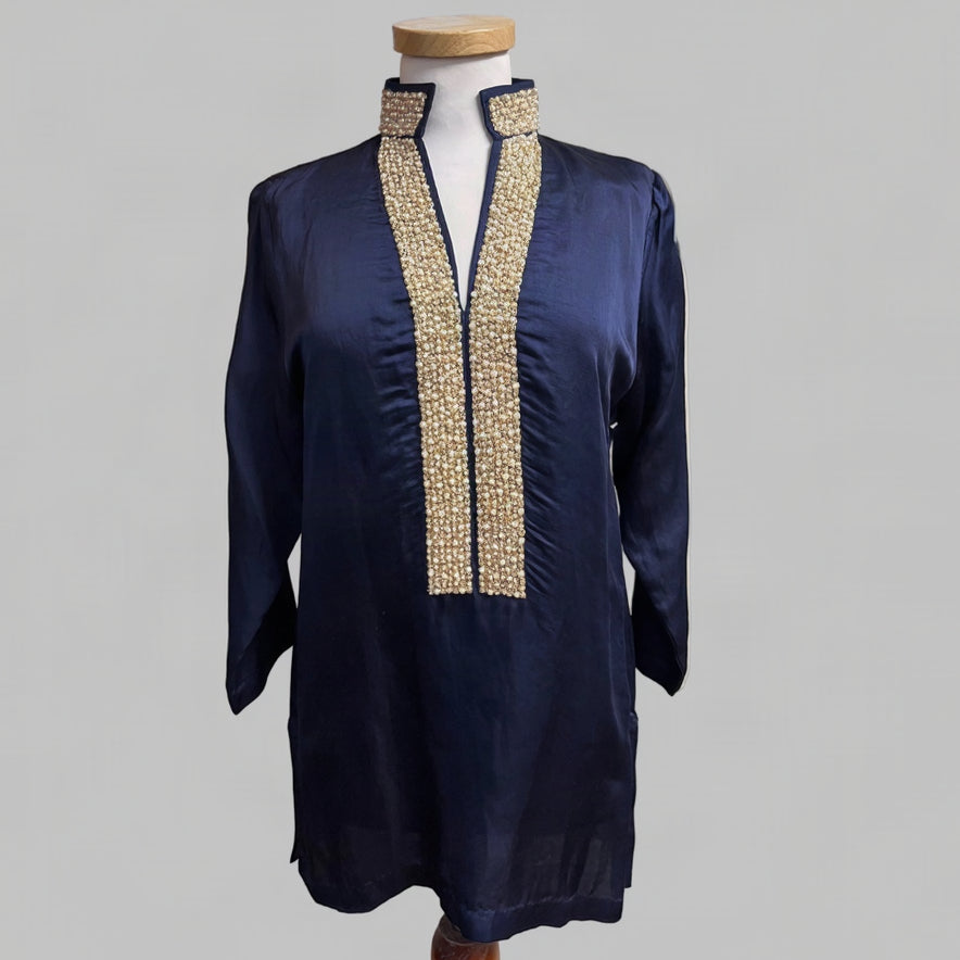 Bella Tu navy blouse with beading, size M, NEW WITH TAGS!
