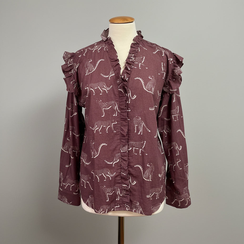 Sheridan French wine and cream leopard print blouse, size XS, NEW WITH TAGS!