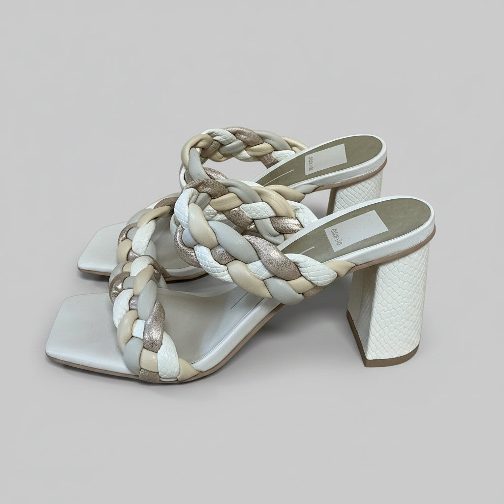 Dolce Vita cream and gold braided Paily sandals, size 7