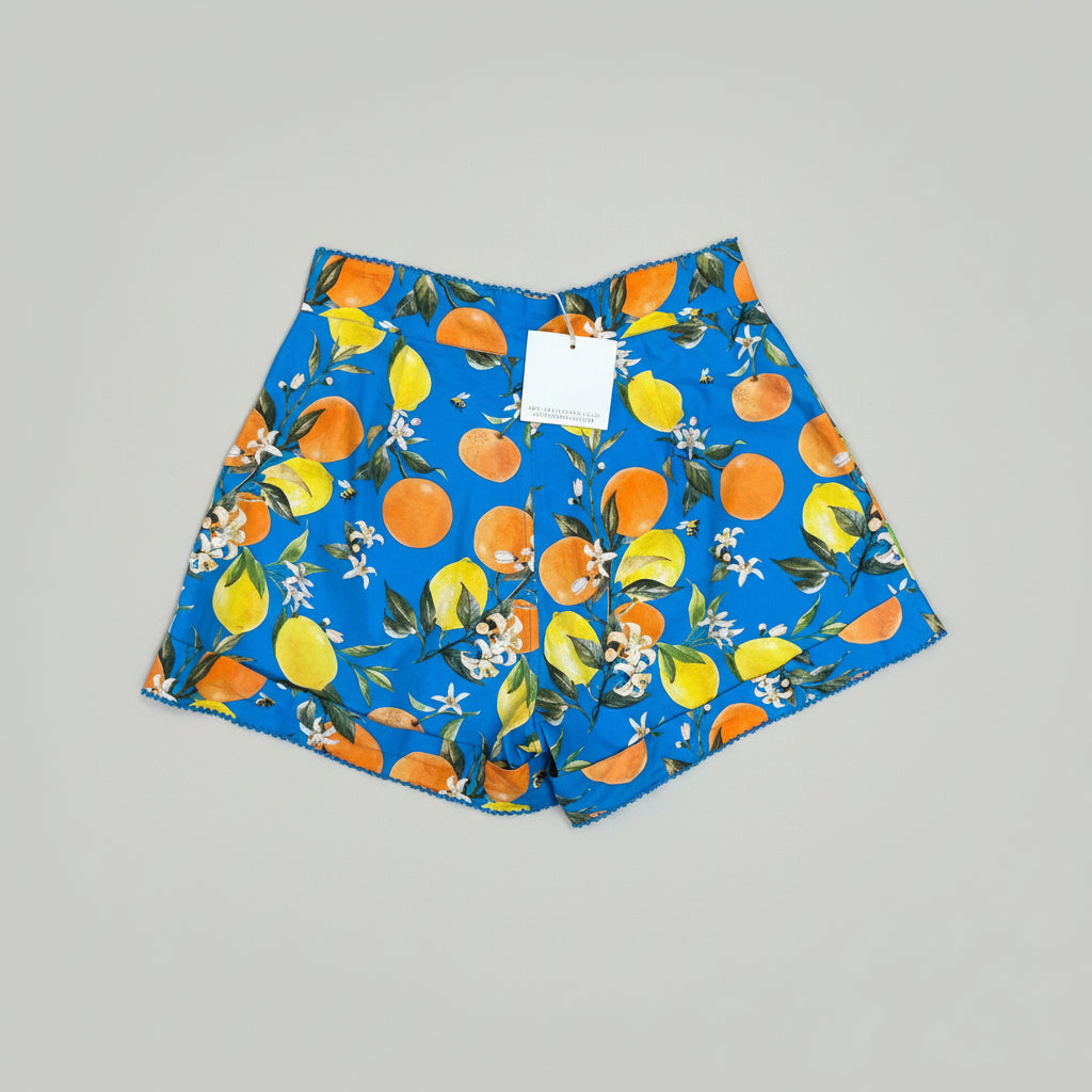 Olivia James the Label blue citrus print Sami shorts, size S, NEW WITH TAGS!