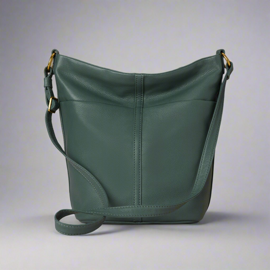 Hobo dark sage leather Fern Bucket Crossbody, LIKE NEW!