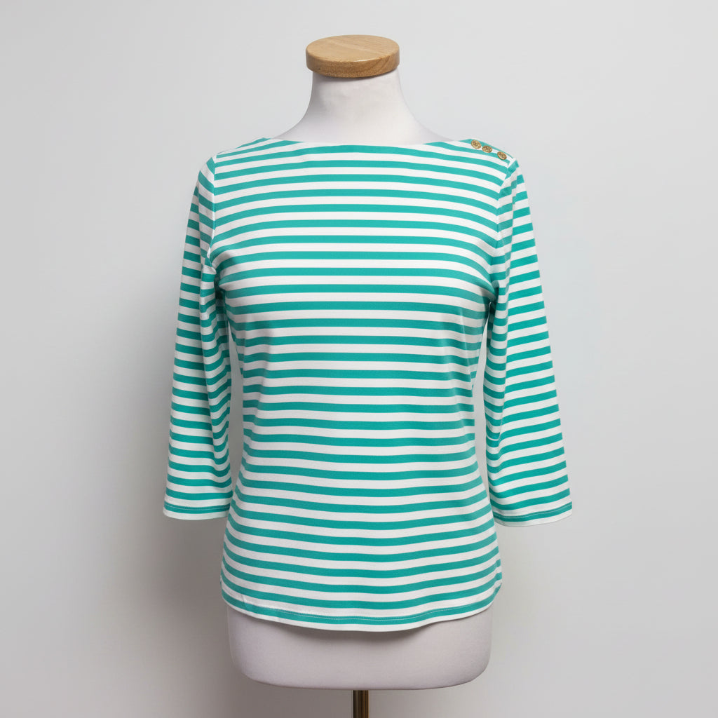 J. McLaughlin aqua and white chevron stripe top, size S