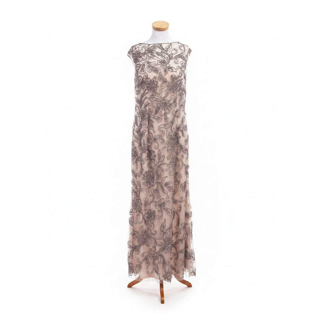 Cameron Blake blush & gray lace dress, size 16