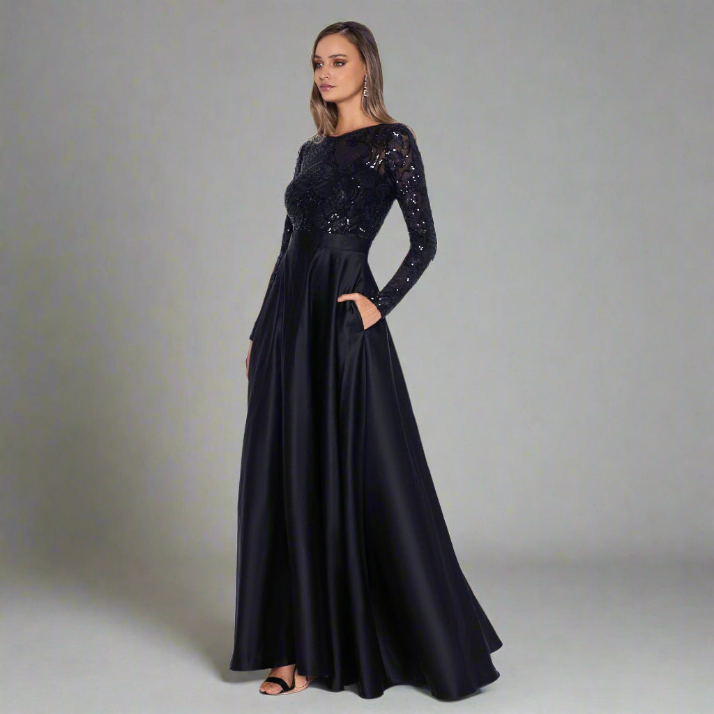 Betsy & Adam black sequin and satin dress, size 14P