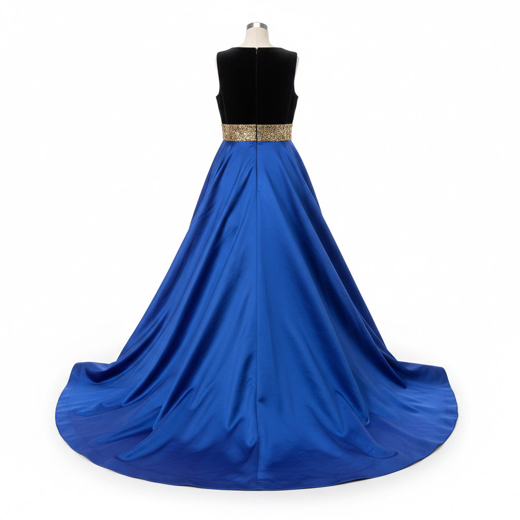 Mac Duggal black velvet and cobalt blue dress, size 18W