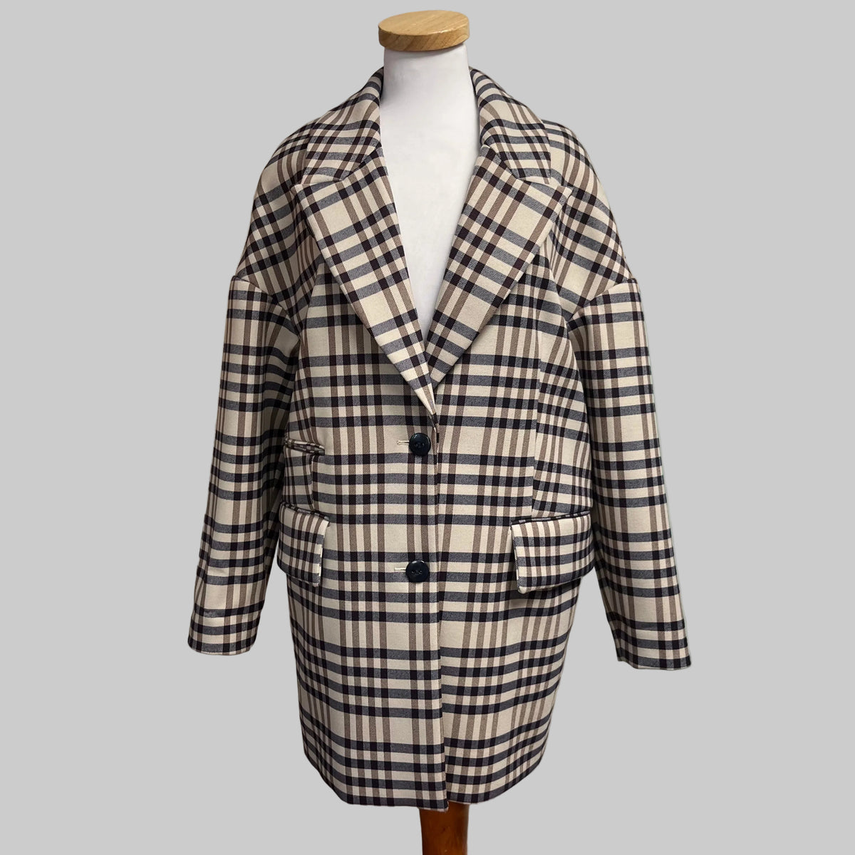 Baum und Pferdgarten beige and eggplant plaid Dilone jacket, size M