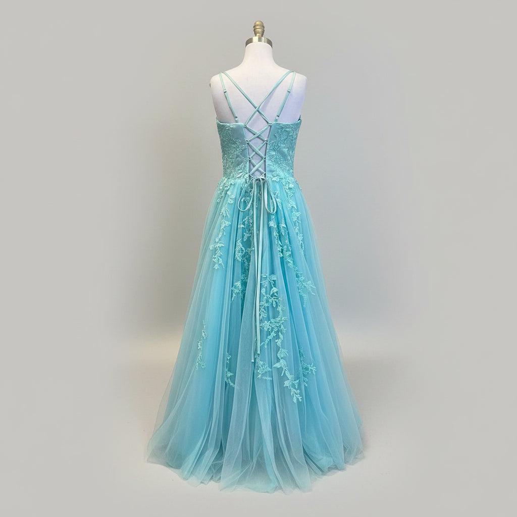 Vnaix aqua tulle dress with appliqué, size L