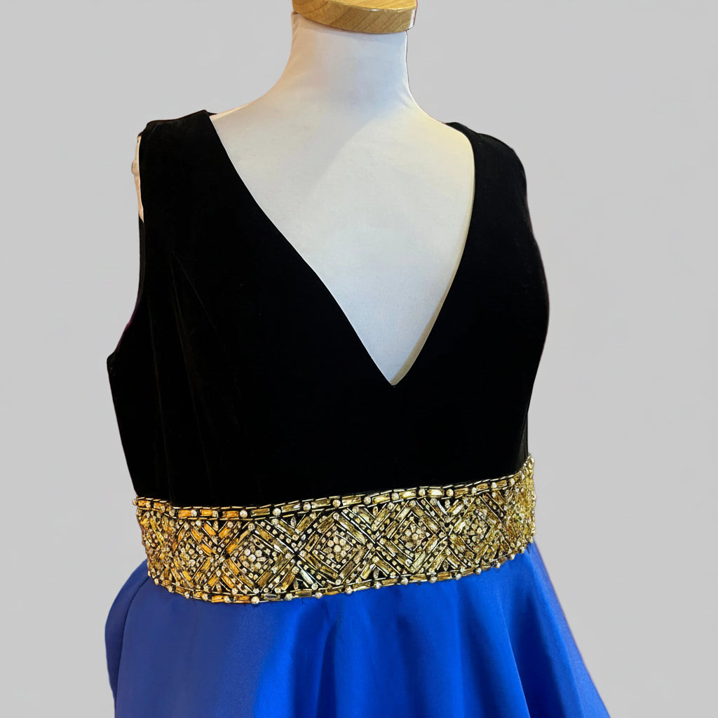 Mac Duggal black velvet and cobalt blue dress, size 18W