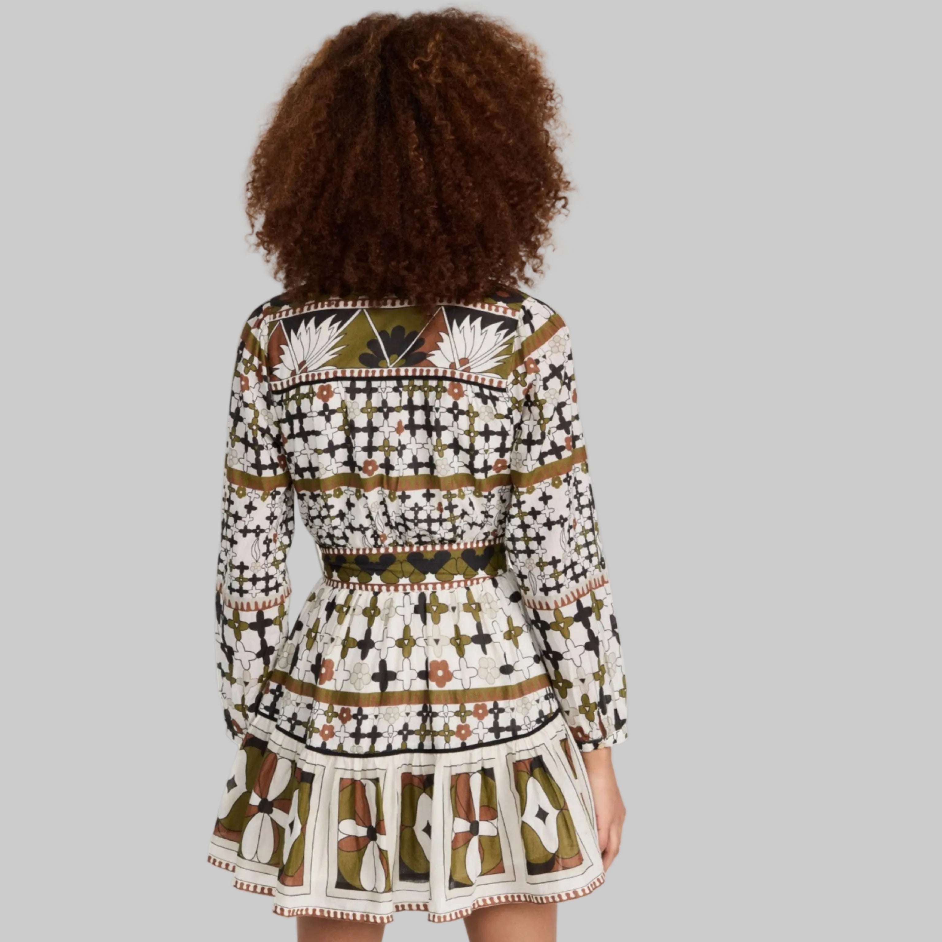 Cleobella white, olive, and black print Emory dress, size S