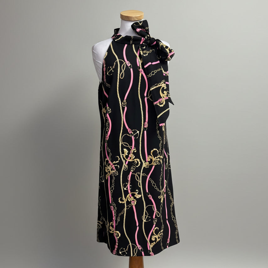 Frank Lyman black, gold, and pink print dress, size 10
