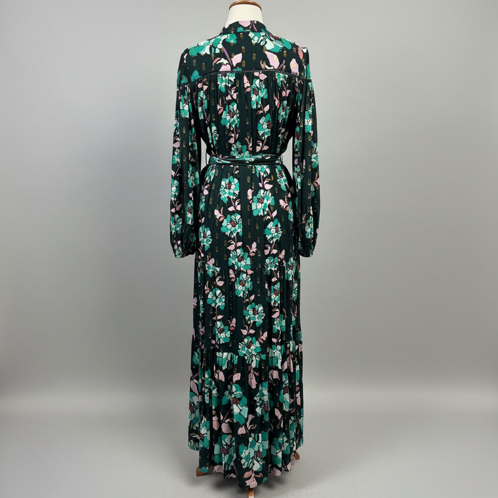 Alivia evergreen, orchid, and gold floral maxi dress, size XS