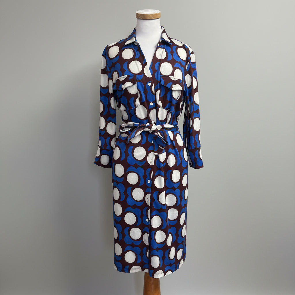 J. McLaughlin cobalt, eggplant, and white print Brynn dress, size L