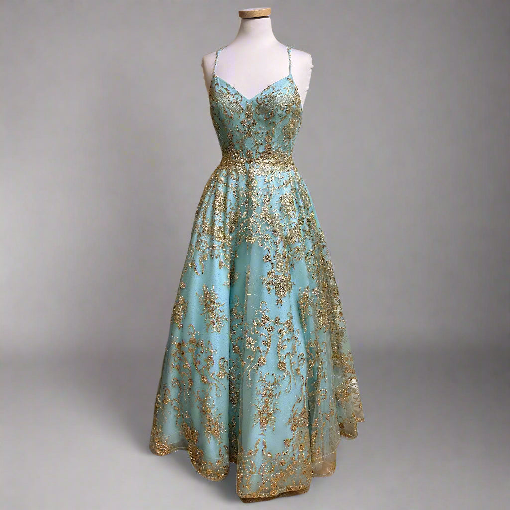 Colette aqua and gold ballgown, size 2