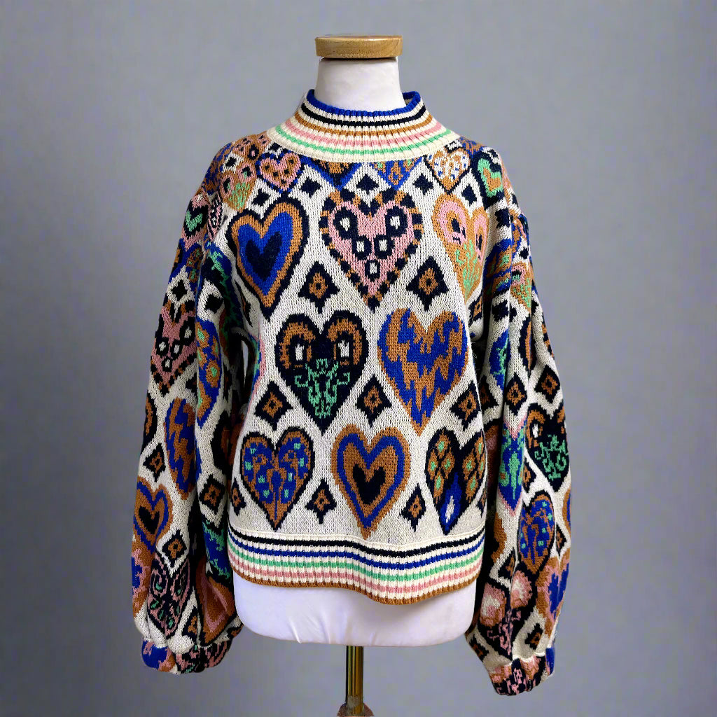 Farm Rio multi-color Hearts Ikat sweater, size M, NEW WITH TAGS!