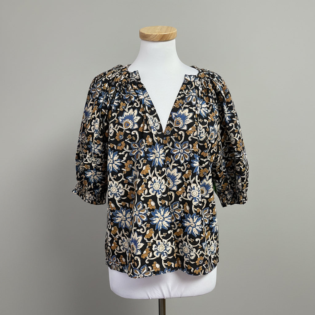 Saule Parc black, tan, and blue floral blouse, size M