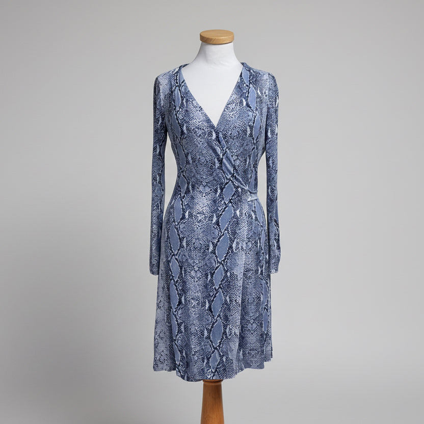 Diane von Furstenberg light blue python print wrap dress, size 4