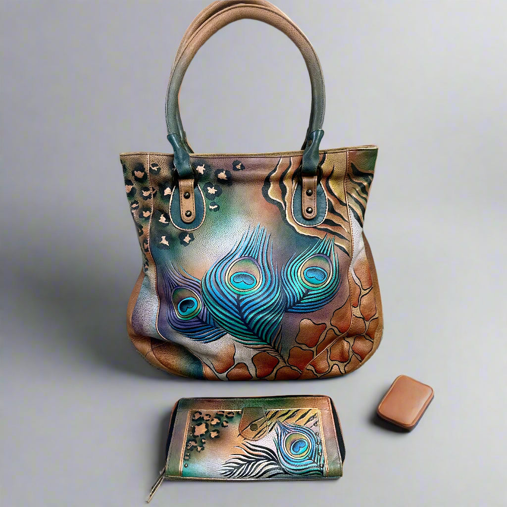 Anuschka leather peacock design bag & wallet, BRAND NEW!