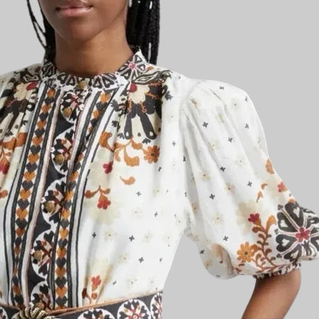 FARM Rio white, tan, and black Flower Fan dress, size M