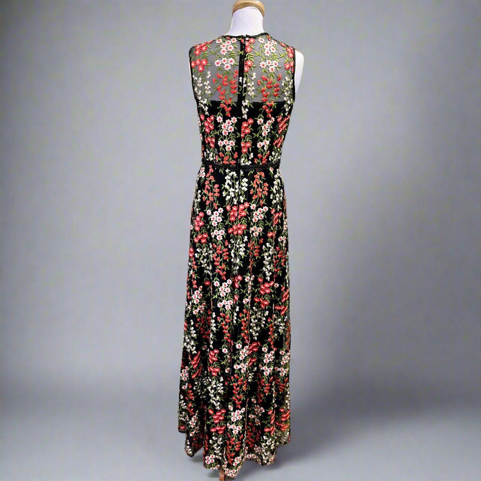 Tahari black embroidered floral dress, size 4